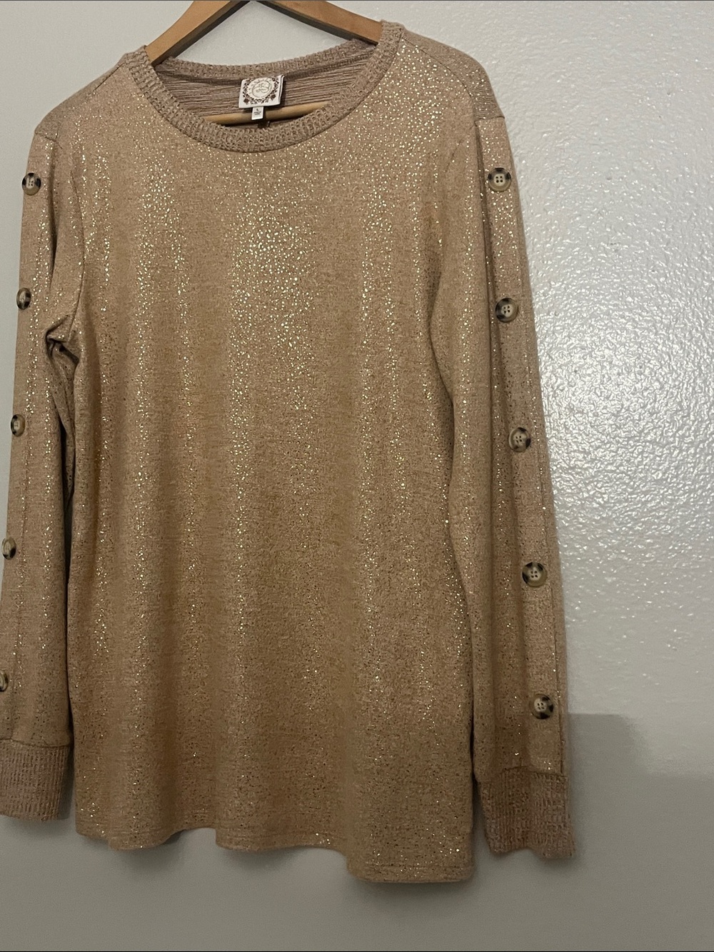 Holiday Glittery Beige Sparkle Crewneck Sweater with Button-Trim Sleeves - Picture 6 of 8